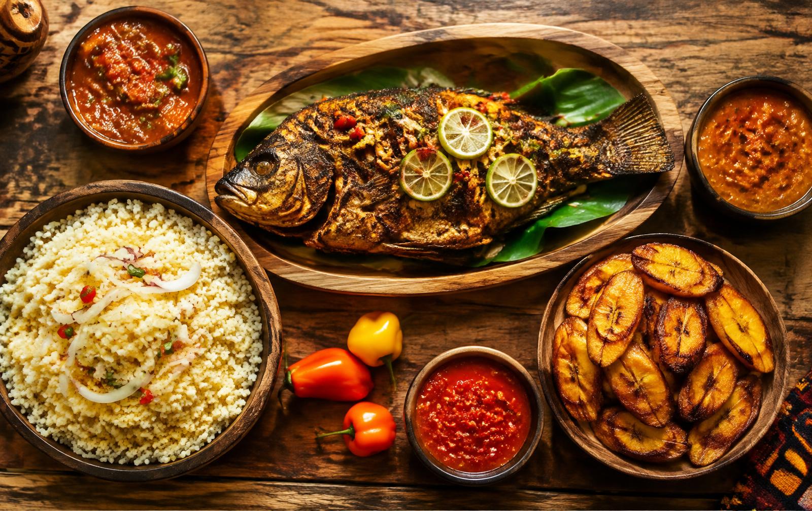 Poisson braisé, attiéké et alloco ivoiriens